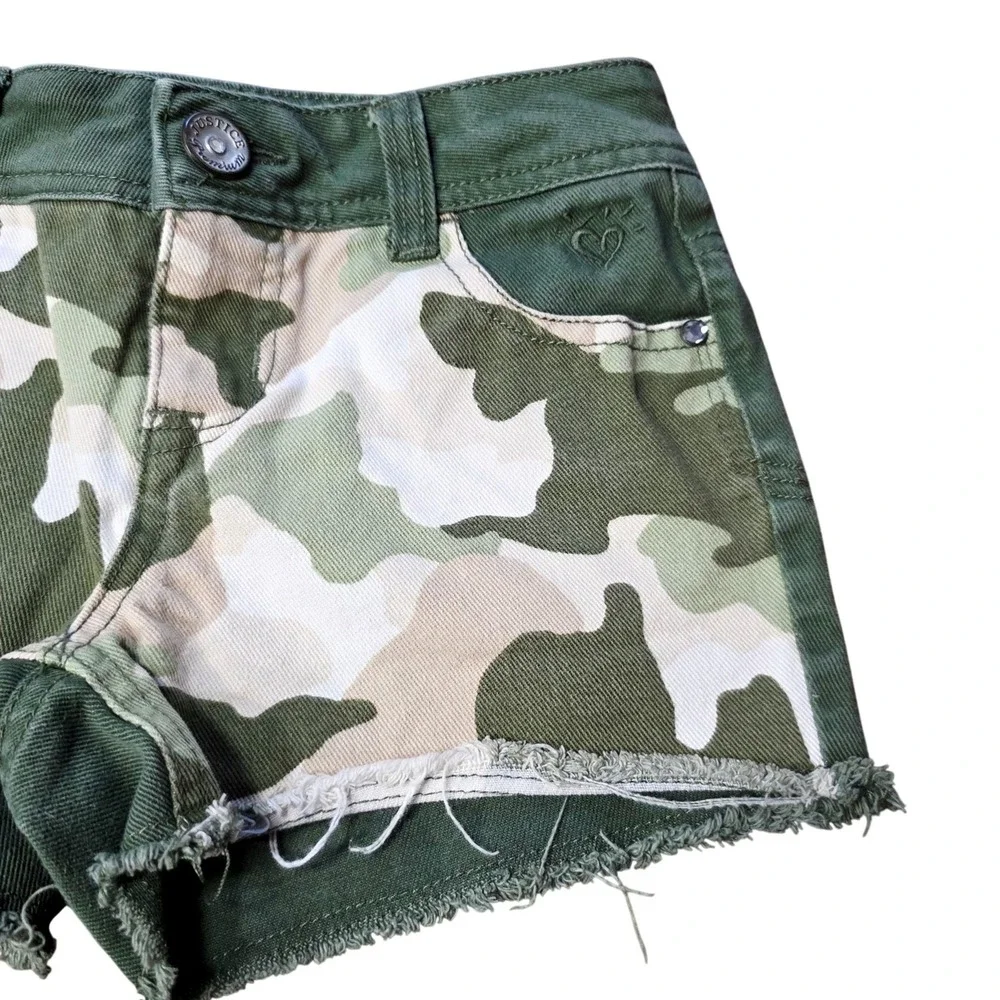 Justice Girls Green Camo Denim Shorts Rhinestone Embellished Raw Hem 7 2013